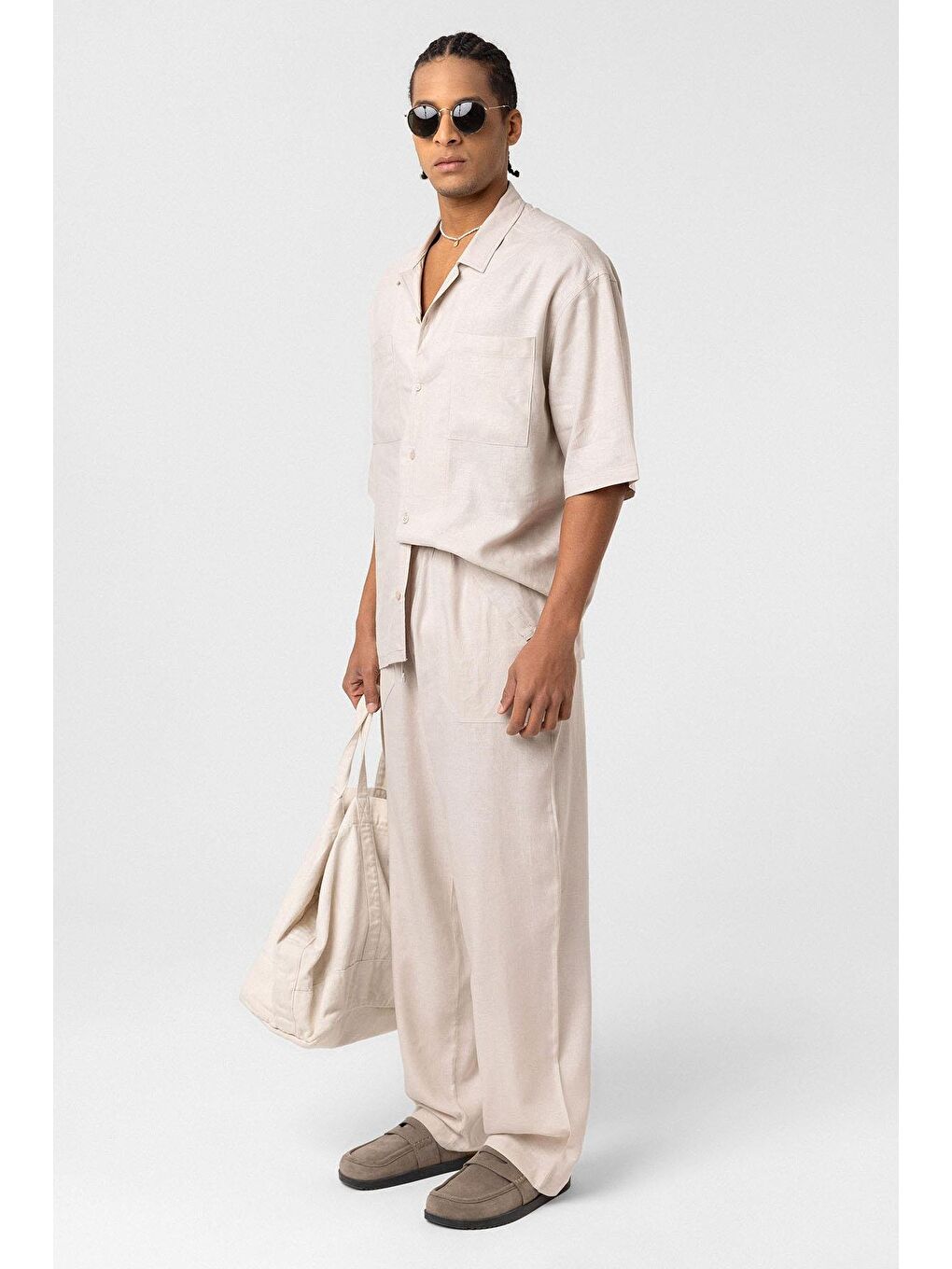 Çift Cepli Oversize Keten Gömlek Bej-1