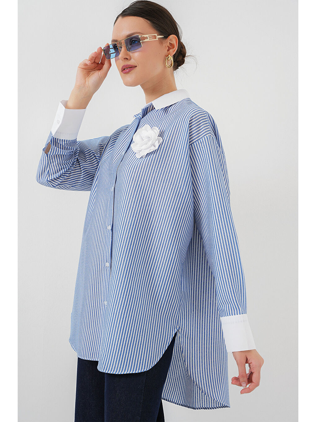 Kadın Uzun Çizgili Gömlek 5962 - Mavi-1