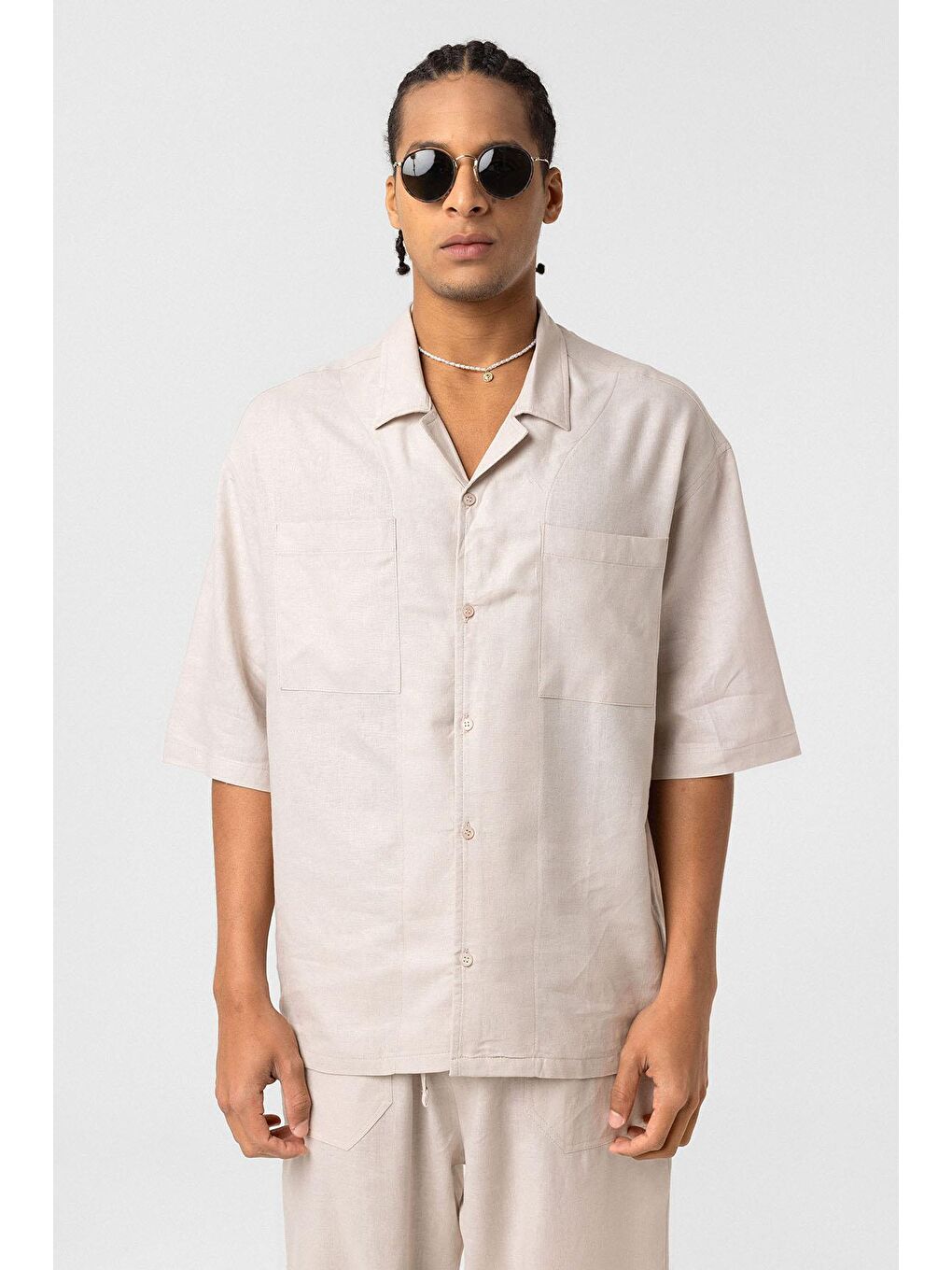 Çift Cepli Oversize Keten Gömlek Bej-2