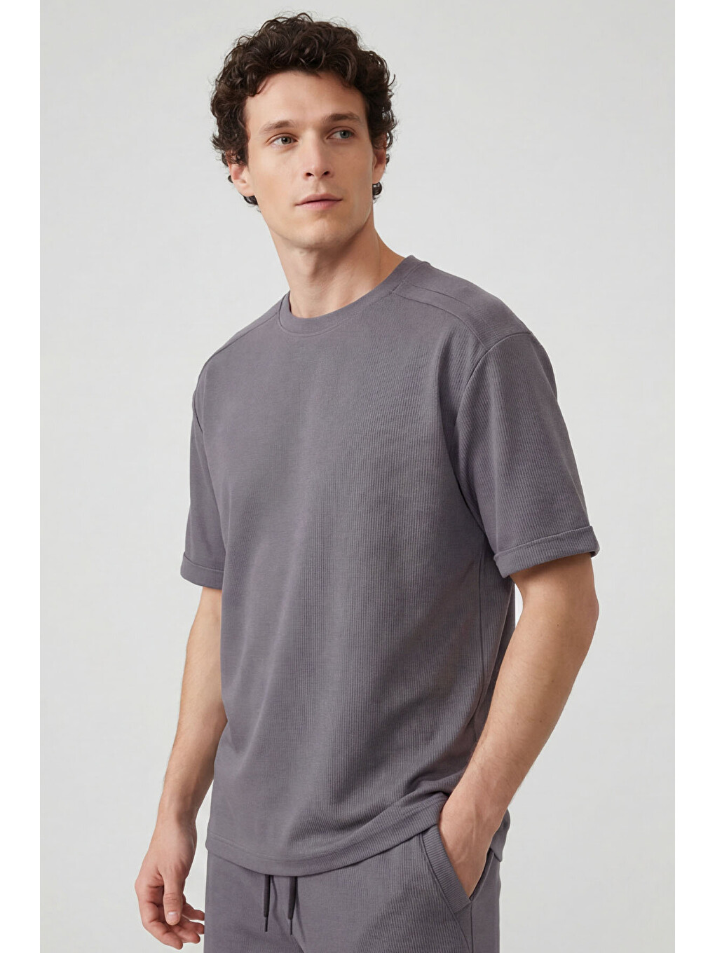 Koyu Gri Oversize Fit Yumuşak Dokulu Basic Erkek Şort Takım - 85274-1