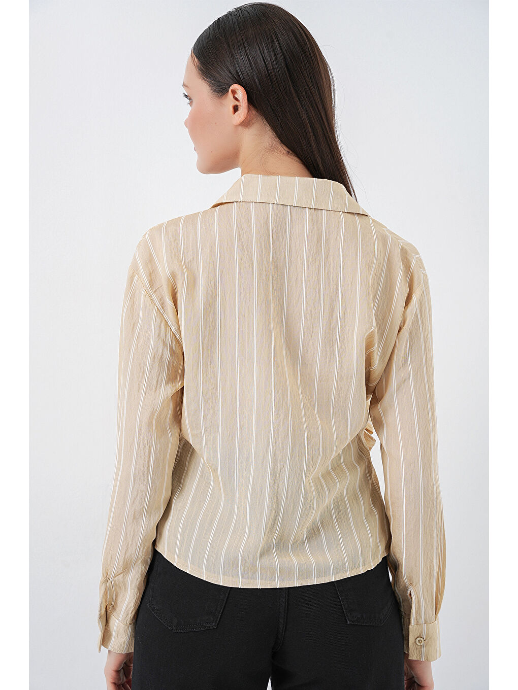 Kadın Önü Bağlamalı Çizgili Gömlek 20362 - Bej-6