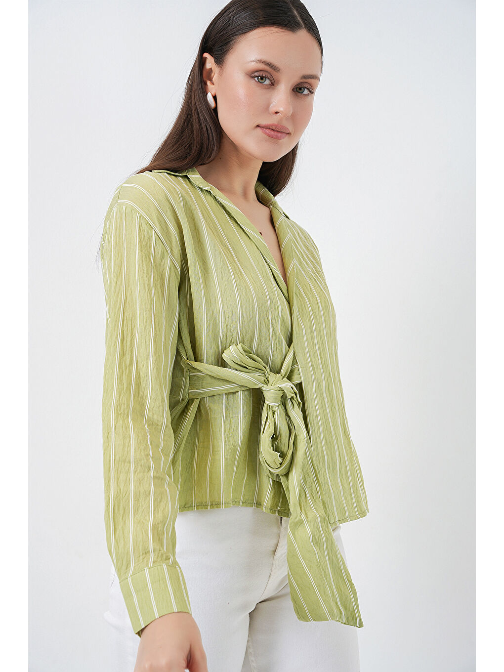Kadın Önü Bağlamalı Çizgili Gömlek 20362 - E.Yeşil-3