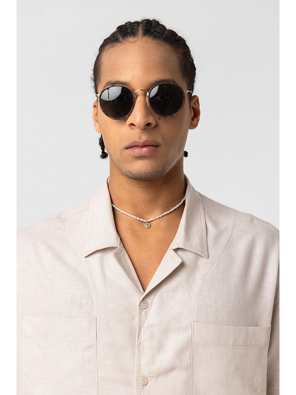 Çift Cepli Oversize Keten Gömlek Bej-4