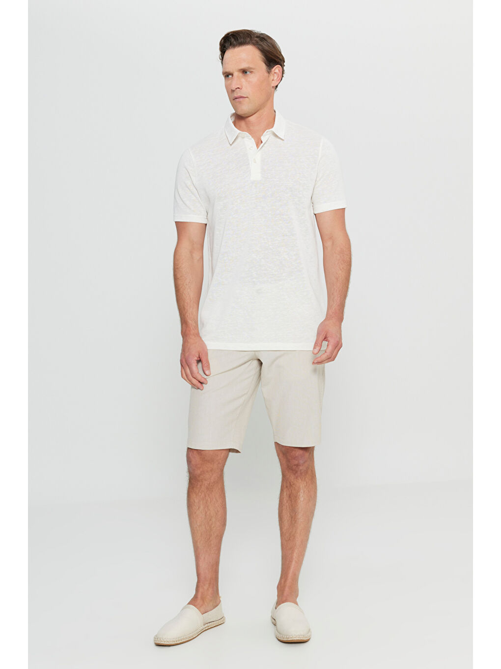 Erkek Ekru Pamuklu Slim Fit Dar Kesim Polo Yaka Tişört-1