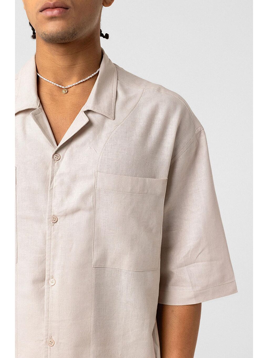 Çift Cepli Oversize Keten Gömlek Bej-5