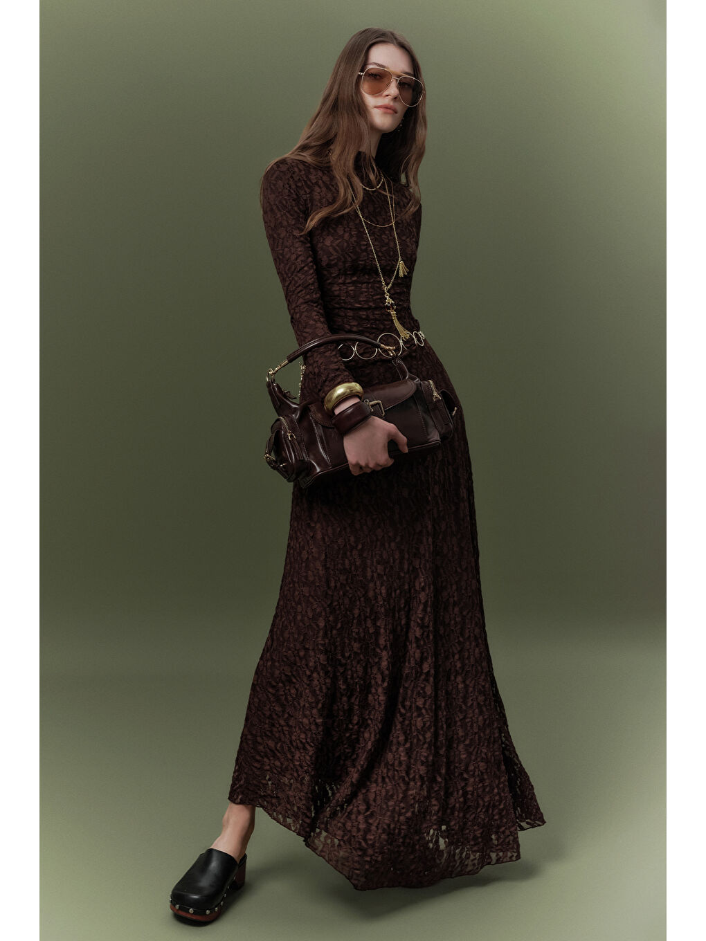 Dantelli Uzun Elbise Kahverengi