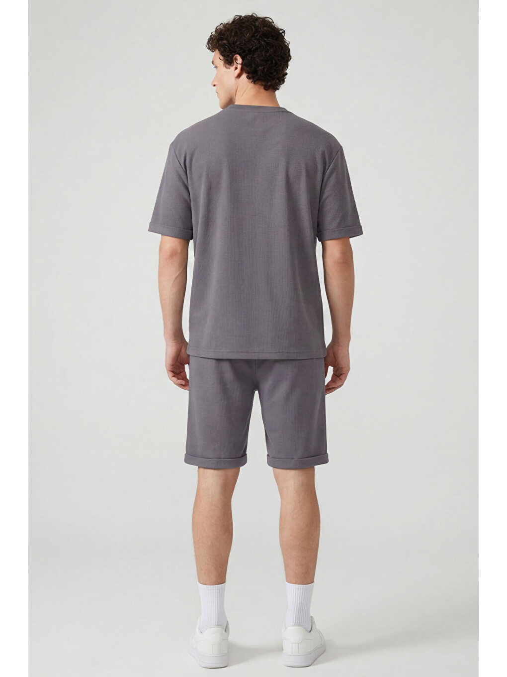 Koyu Gri Oversize Fit Yumuşak Dokulu Basic Erkek Şort Takım - 85274-3