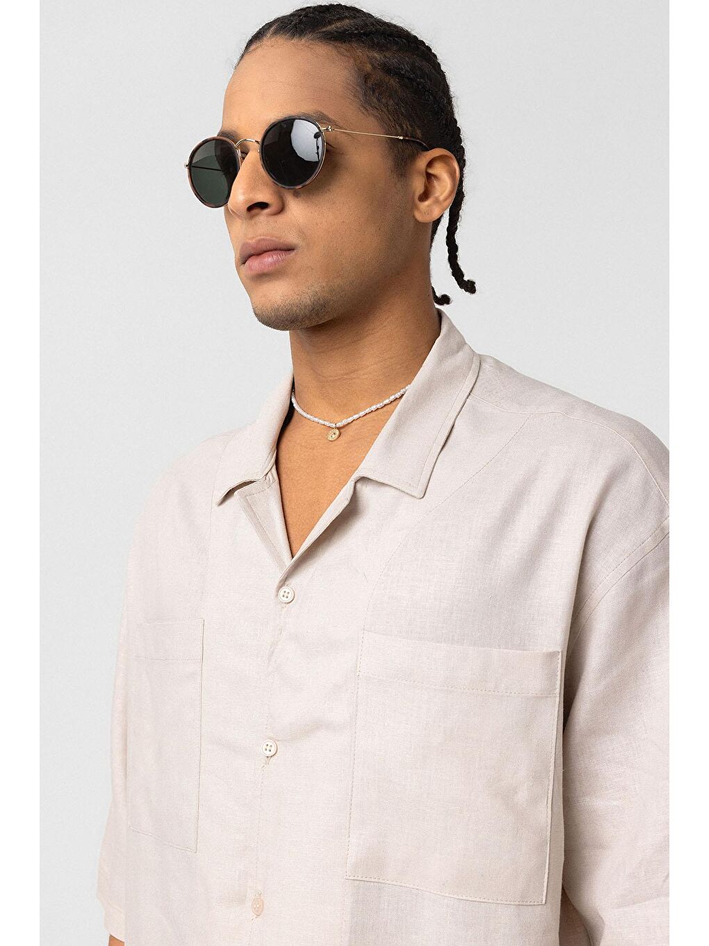 Çift Cepli Oversize Keten Gömlek Bej-6