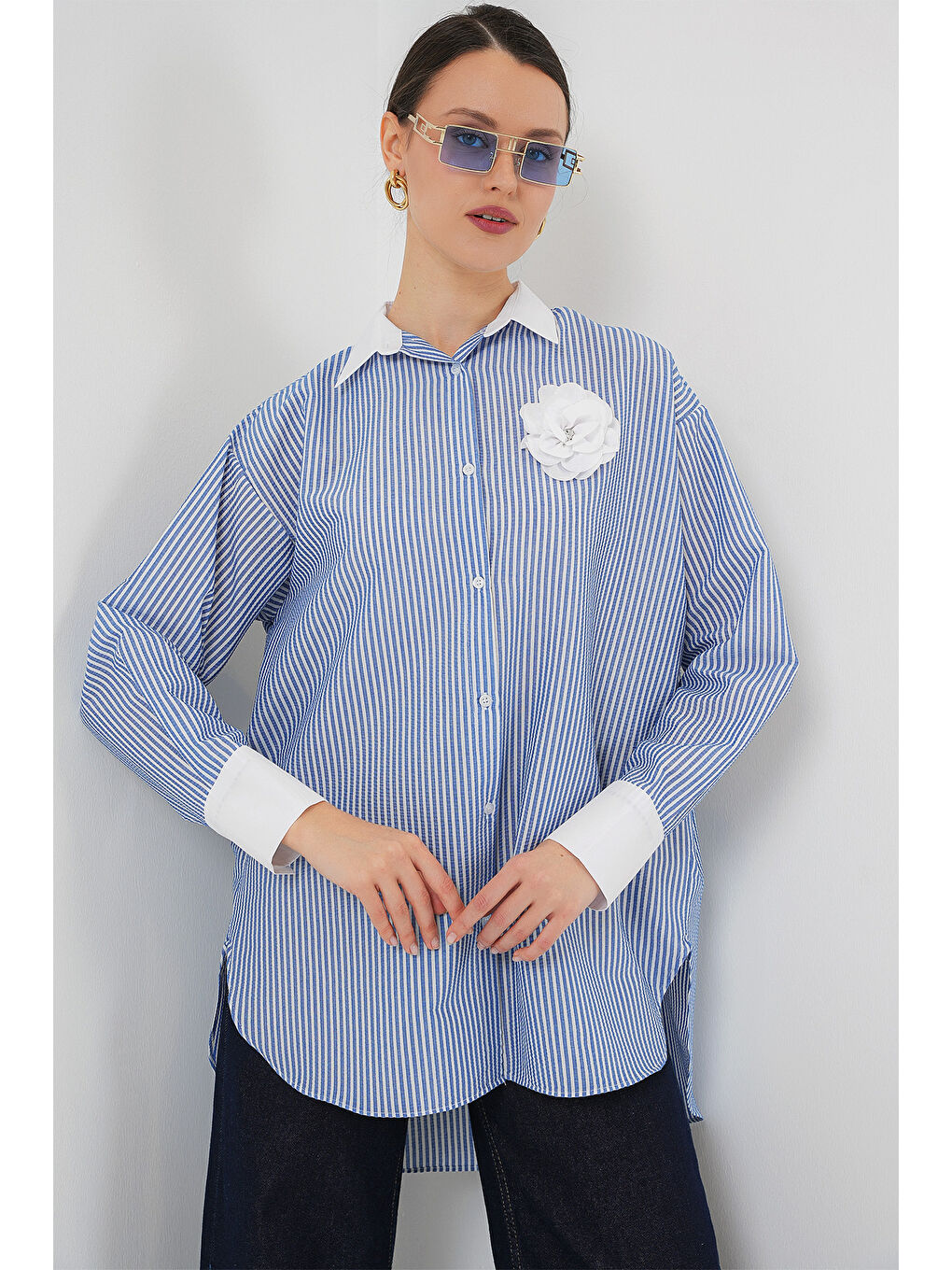 Kadın Uzun Çizgili Gömlek 5962 - Mavi-2