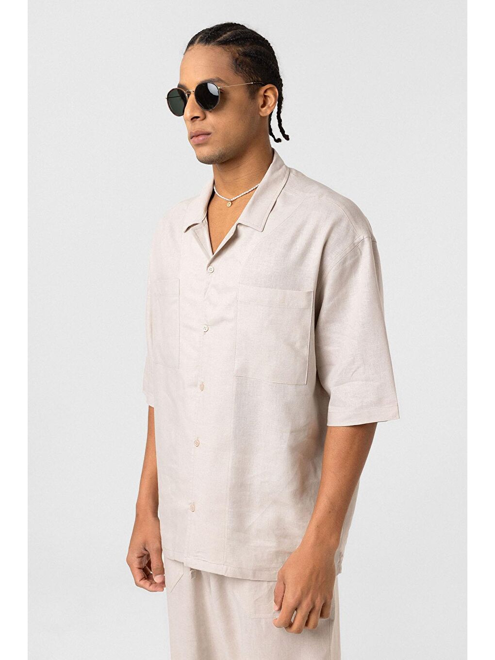 Çift Cepli Oversize Keten Gömlek Bej-7