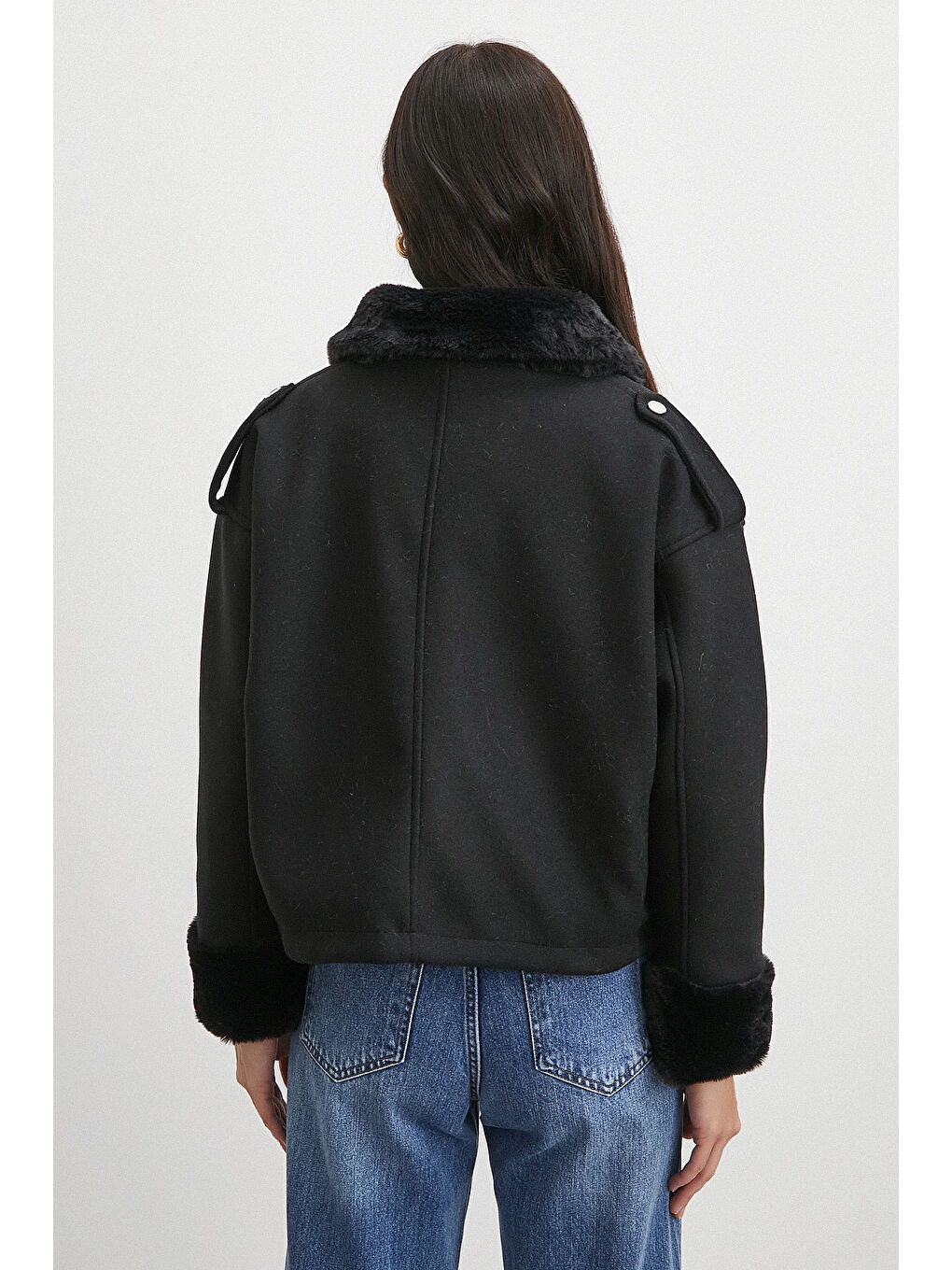 Apoletli Yünlü Körük Cepli Kaşe Mont Siyah-5