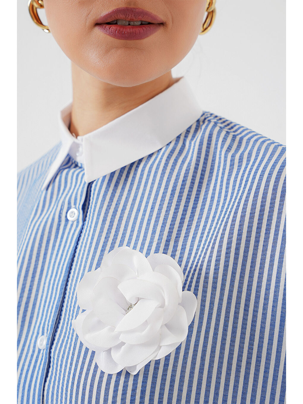 Kadın Uzun Çizgili Gömlek 5962 - Mavi-3