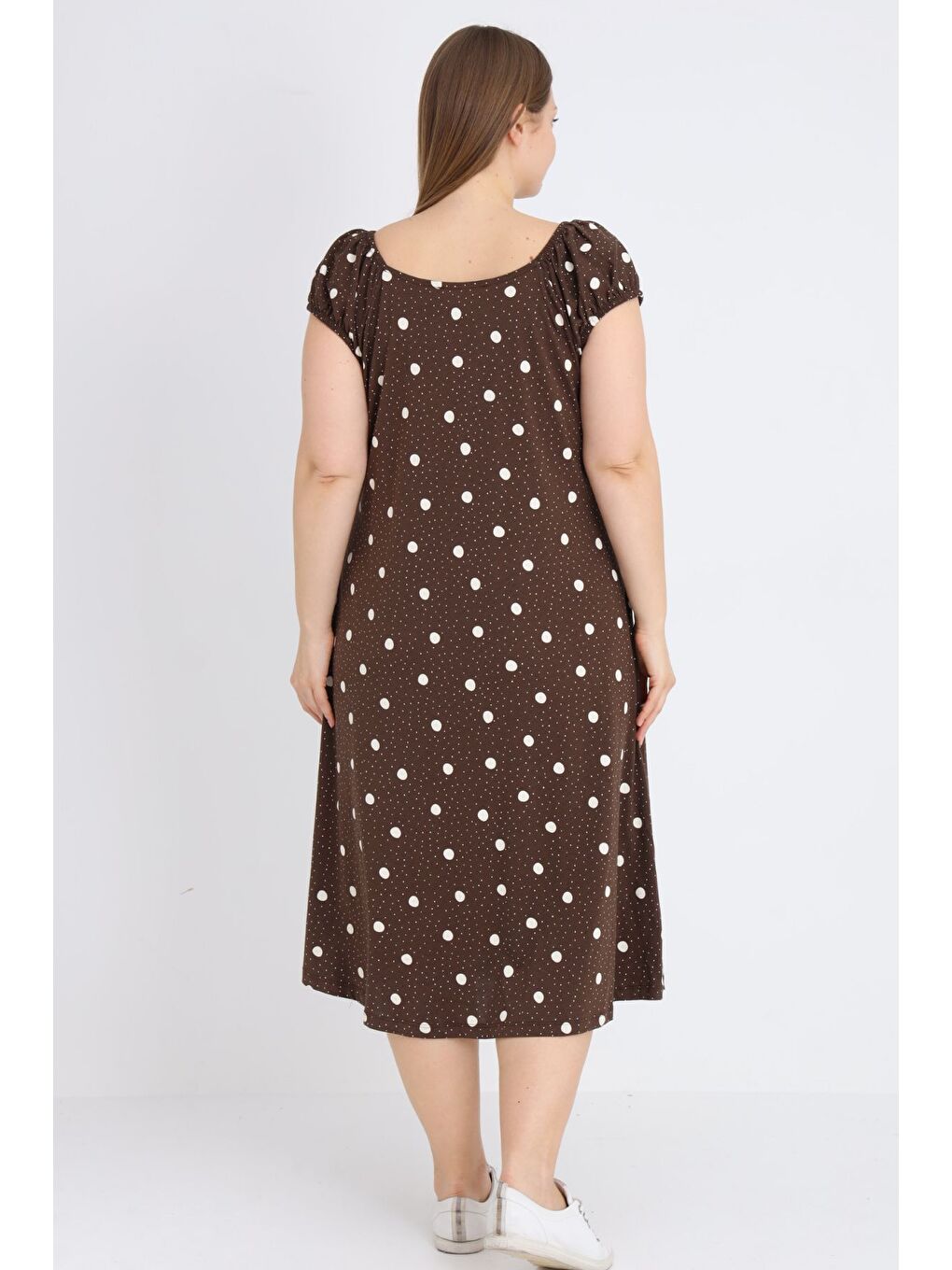 Kahverengi Puantiyeli Askılı Pamuklu Cepli Kadın Büyük Beden Elbise-4