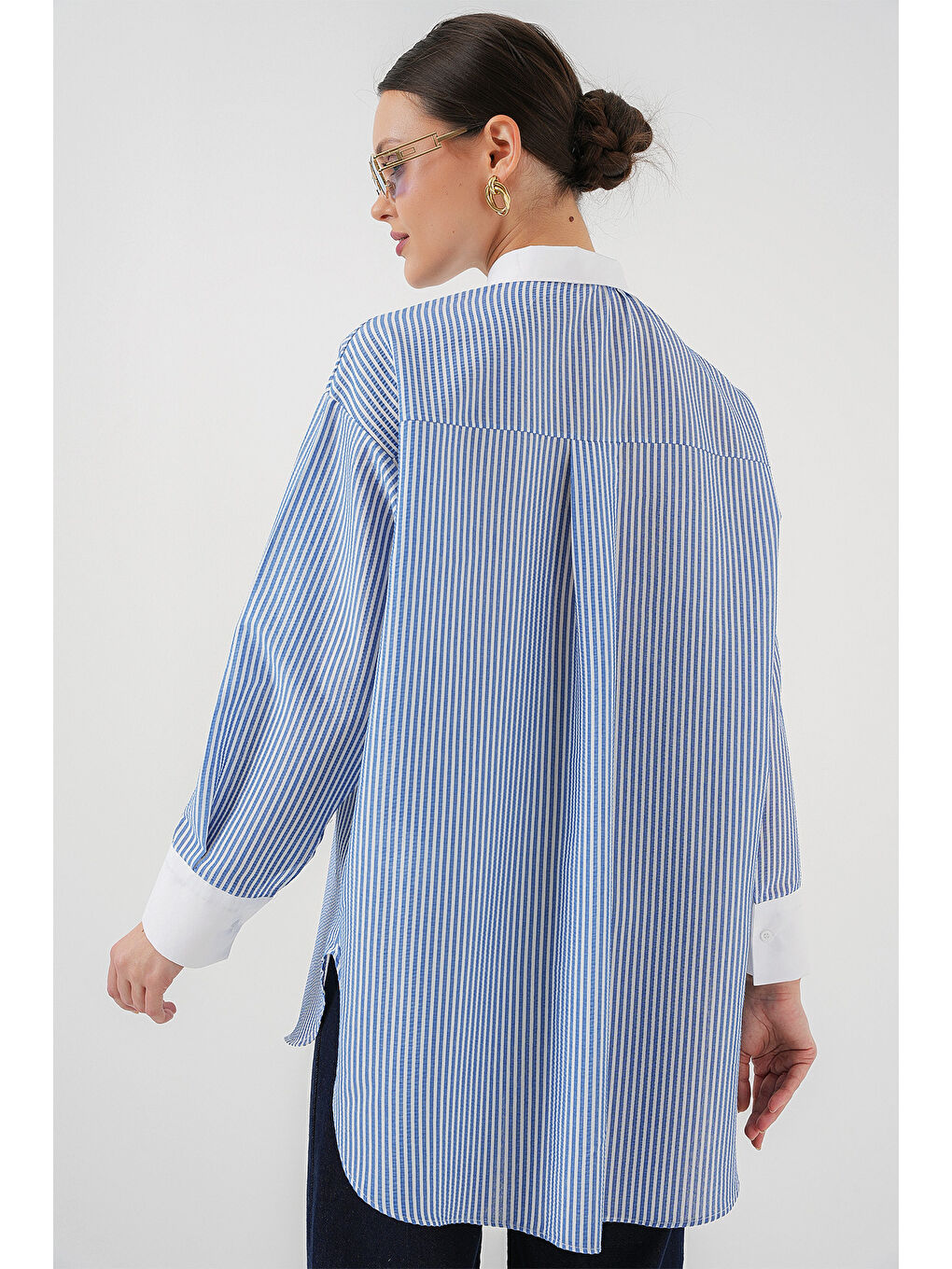 Kadın Uzun Çizgili Gömlek 5962 - Mavi-4
