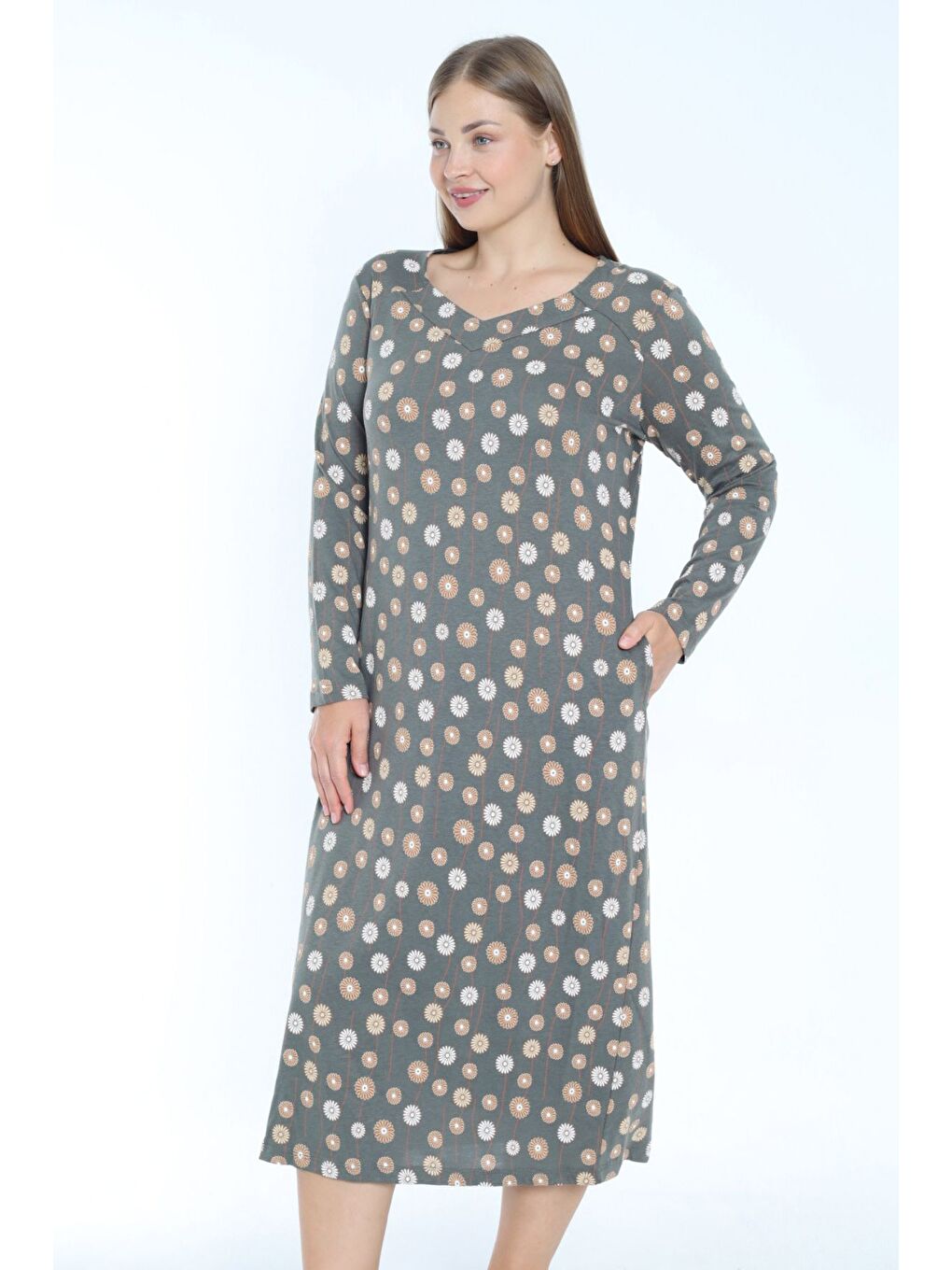 Antrasit Desenli V Yaka Büyük Beden Cepli Pamuklu Uzun Kollu Elbise