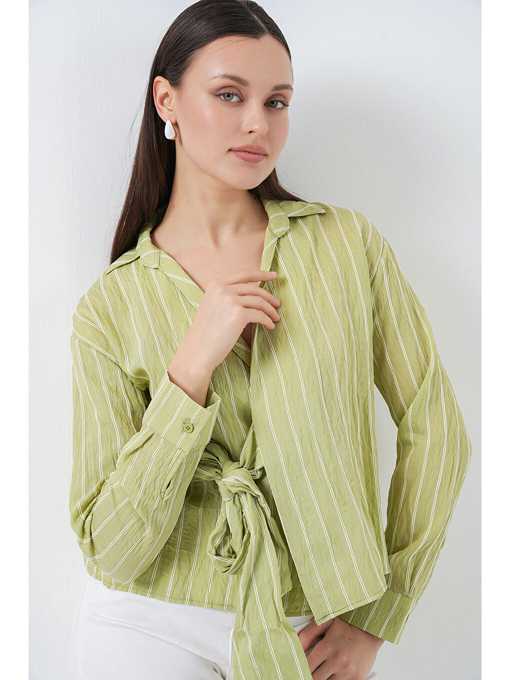 Kadın Önü Bağlamalı Çizgili Gömlek 20362 - E.Yeşil-5