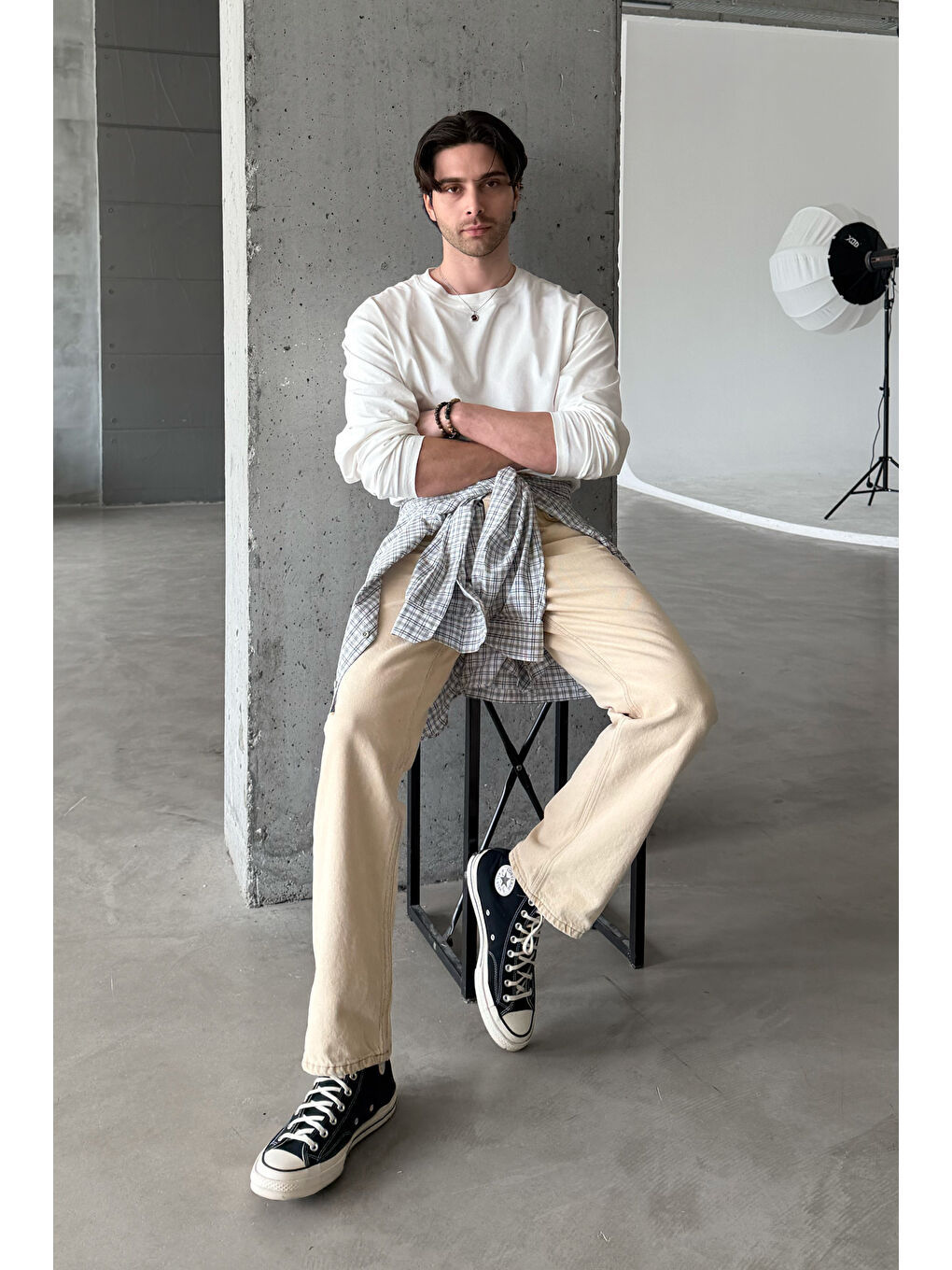Beyaz Erkek Oversize Uzun Kollu Basic Tişört-4