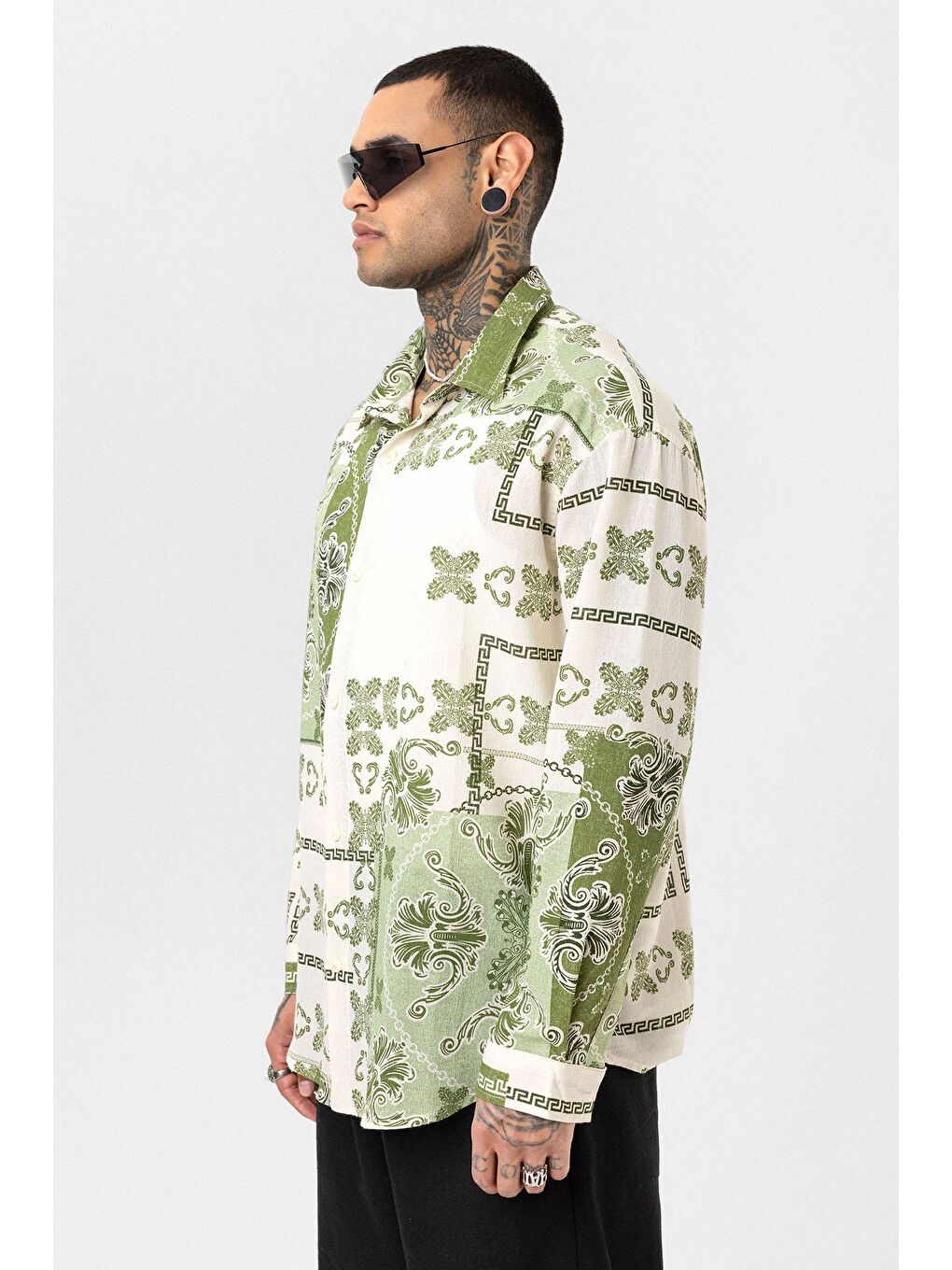 Etnik Desenli Oversize Gömlek Yeşil-5