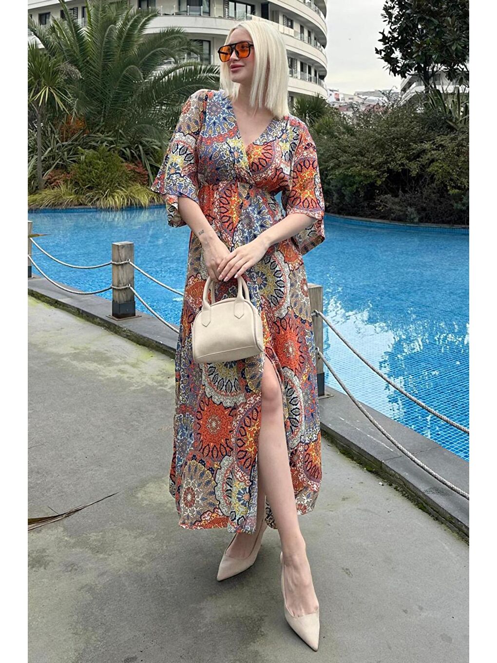 Turuncu Desenli Yırtmaç Detaylı Uzun Elbise Mg2325-1