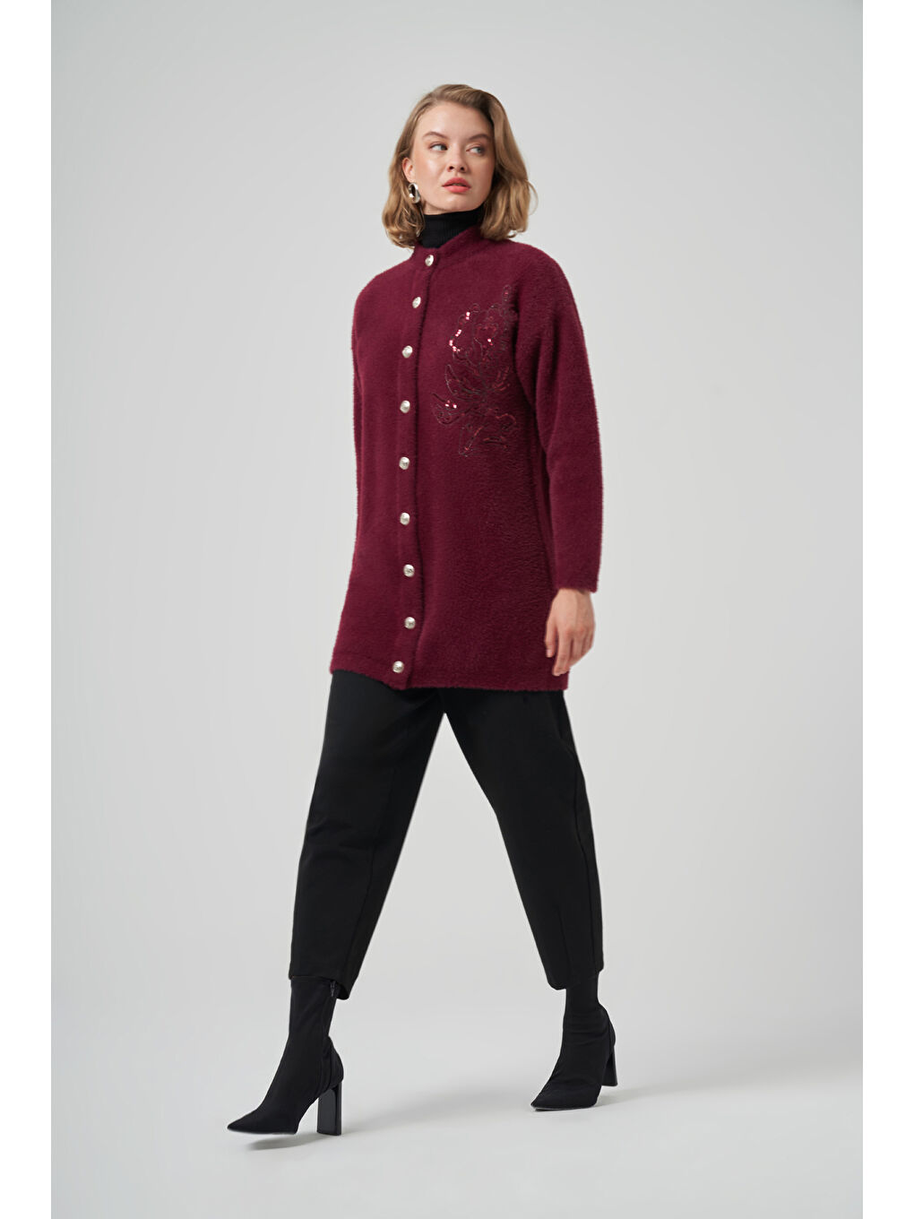 Nakış İşleme Detay Hırka 7007 Bordo-4