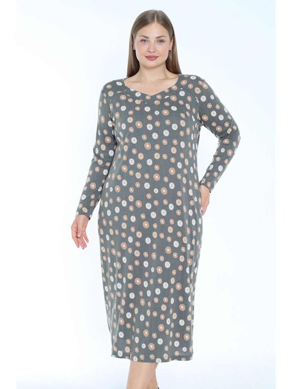 Antrasit Desenli V Yaka Büyük Beden Cepli Pamuklu Uzun Kollu Elbise-1