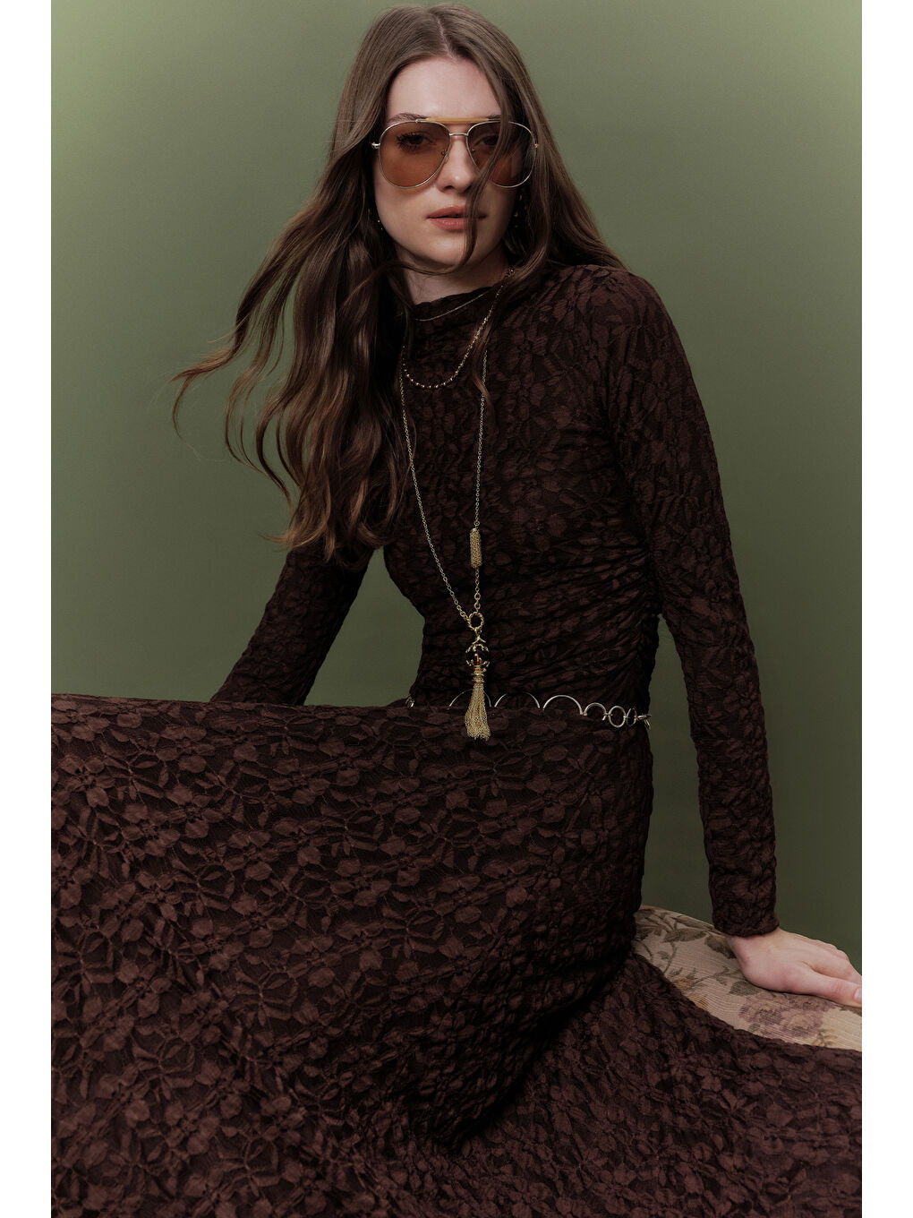 Dantelli Uzun Elbise Kahverengi-2