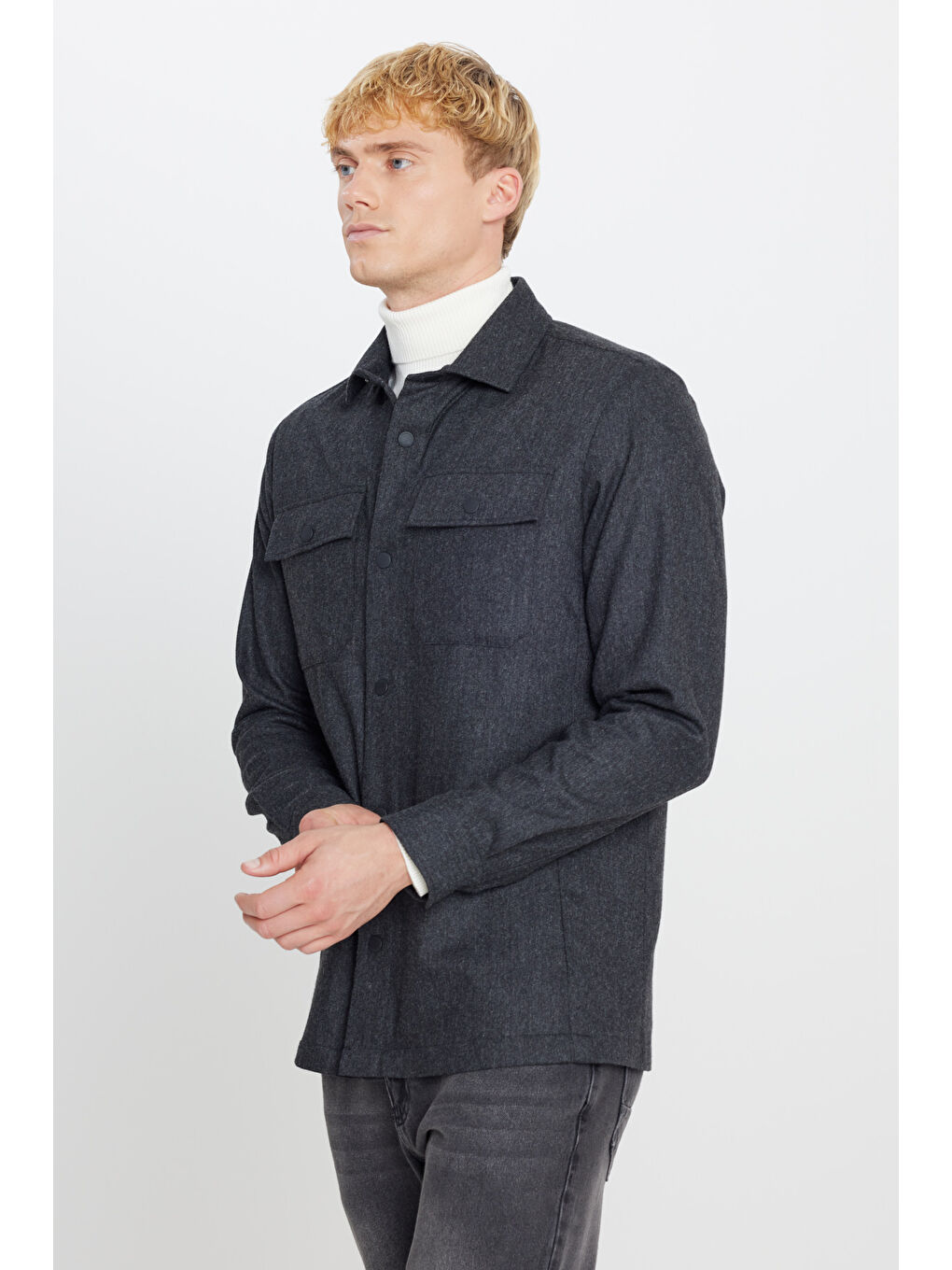 Erkek Antrasit Yünlü Relax Fit Rahat Kesim Gömlek Yaka Diagonal Desenli Çift Ceketli Takım-2