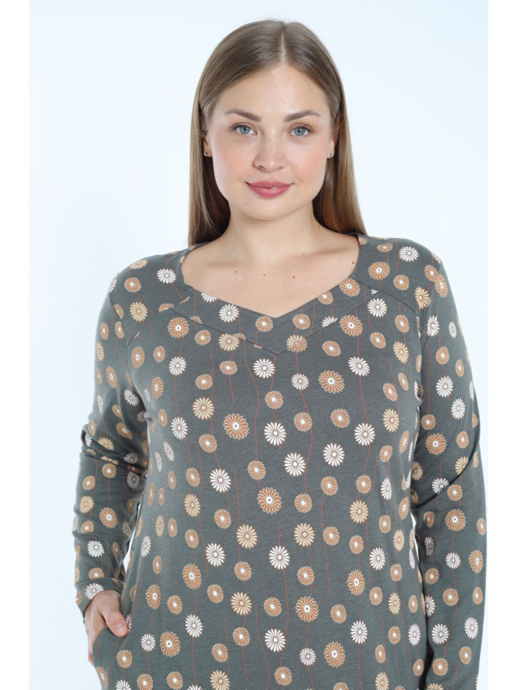 Antrasit Desenli V Yaka Büyük Beden Cepli Pamuklu Uzun Kollu Elbise-2