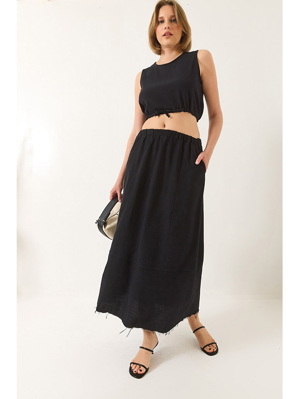 Siyah Kadın Keten Beli Bağlamalı Bluz Cep Detaylı Etek Alt-Üst Takım-2