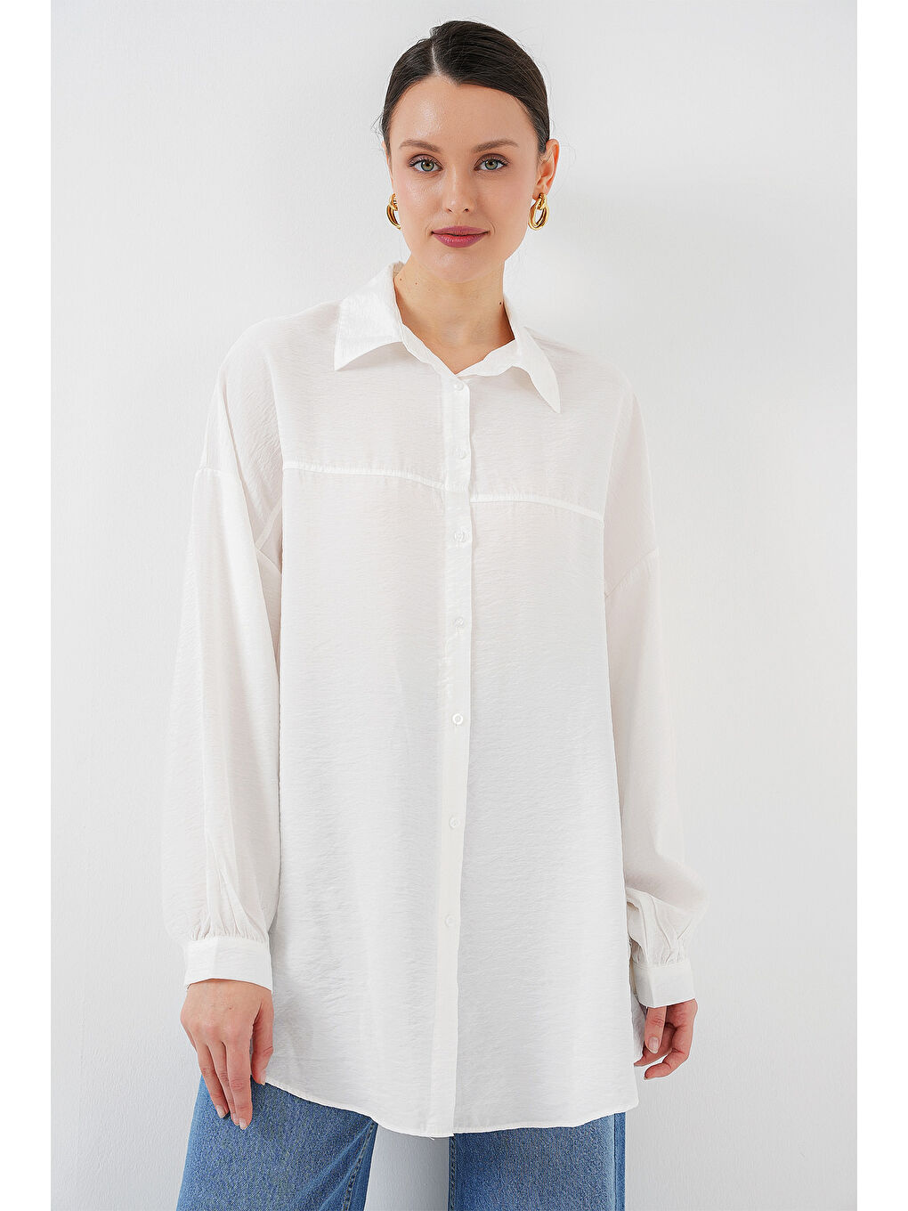 Kadın Uzun Oversize Gömlek 5965 - Beyaz