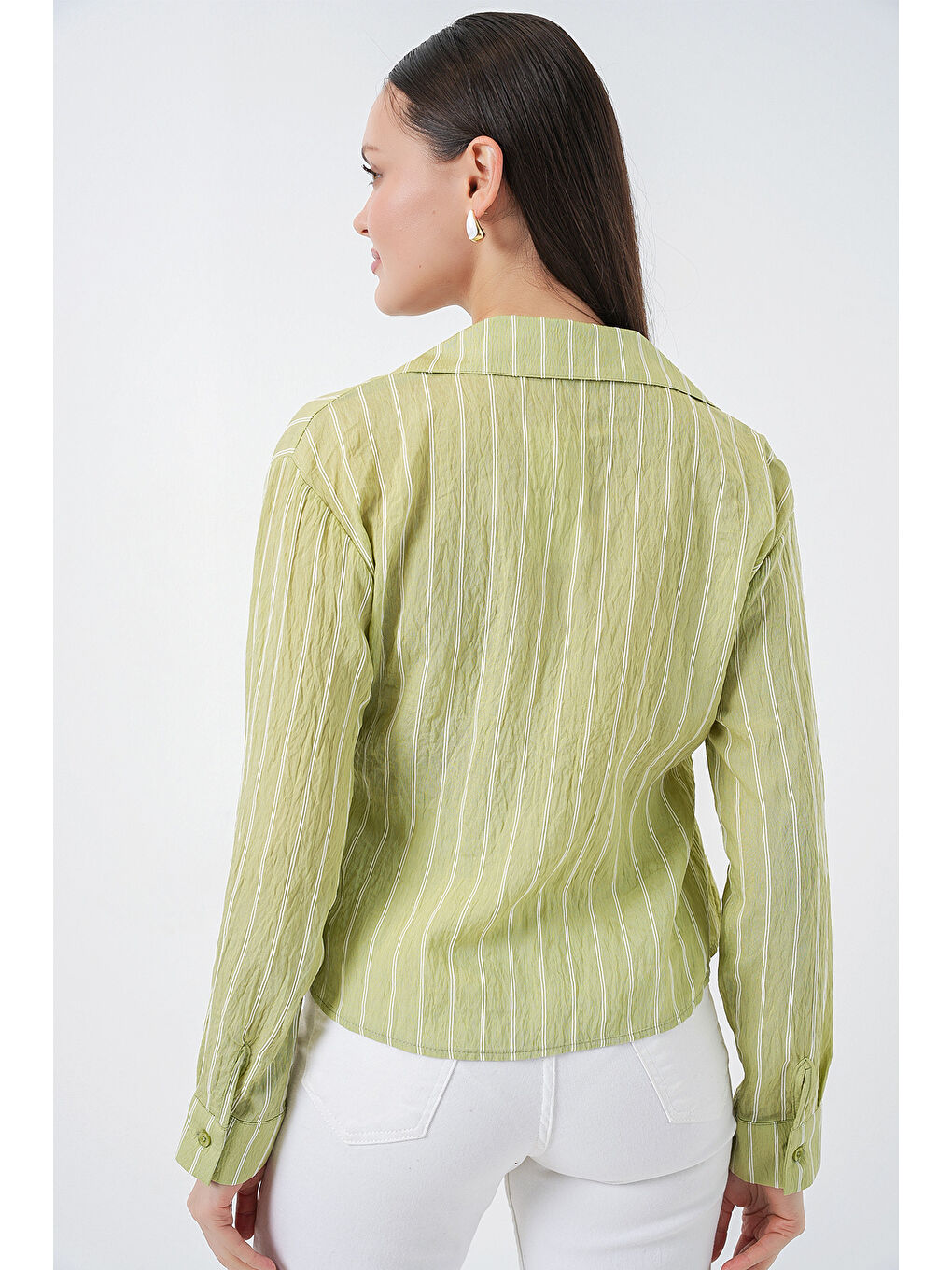 Kadın Önü Bağlamalı Çizgili Gömlek 20362 - E.Yeşil-7