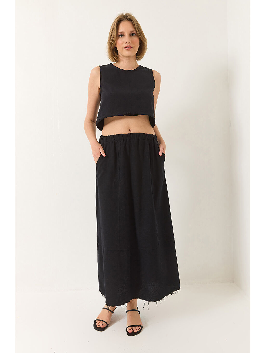 Siyah Kadın Keten Beli Bağlamalı Bluz Cep Detaylı Etek Alt-Üst Takım-3