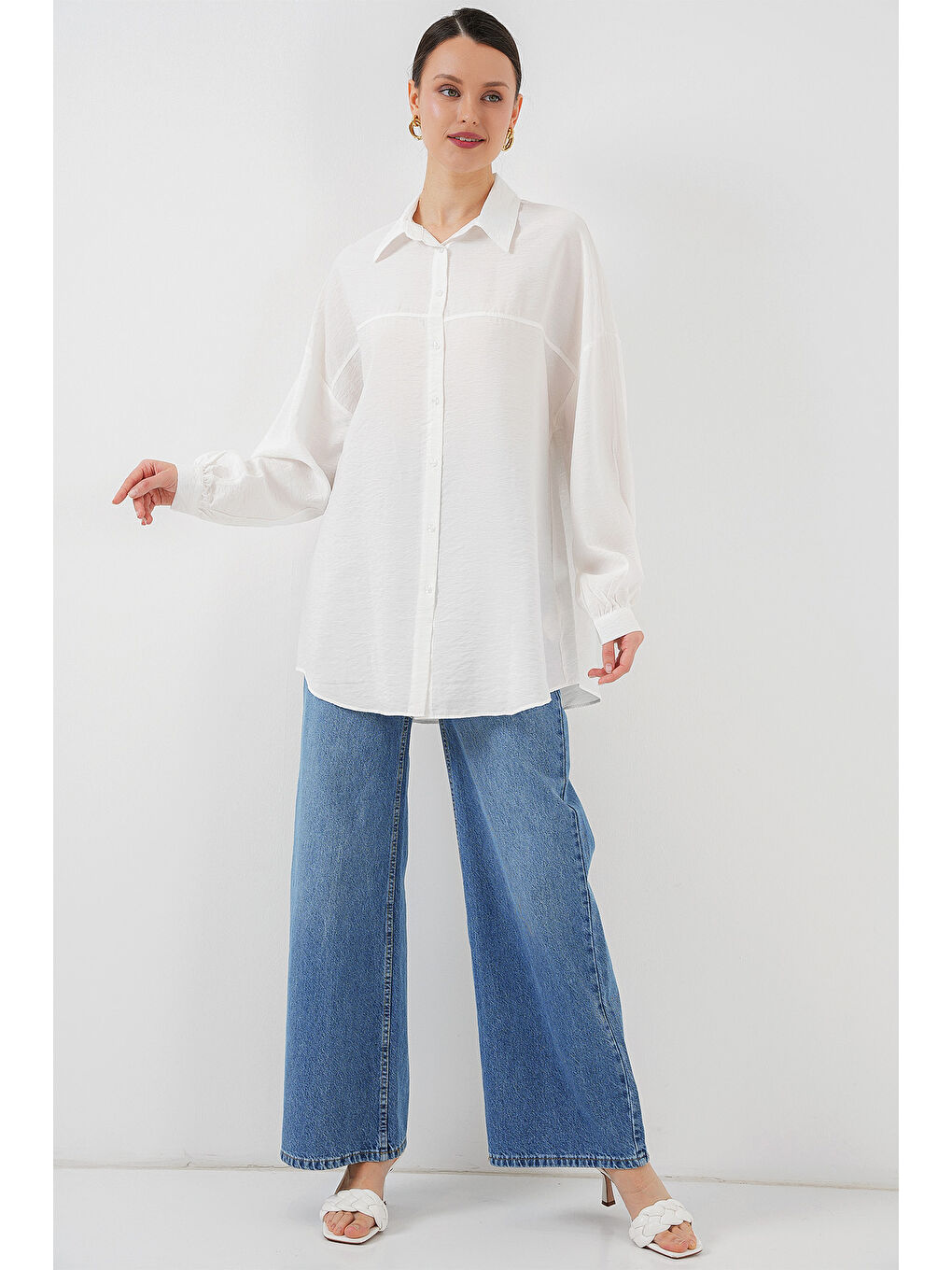 Kadın Uzun Oversize Gömlek 5965 - Beyaz-1