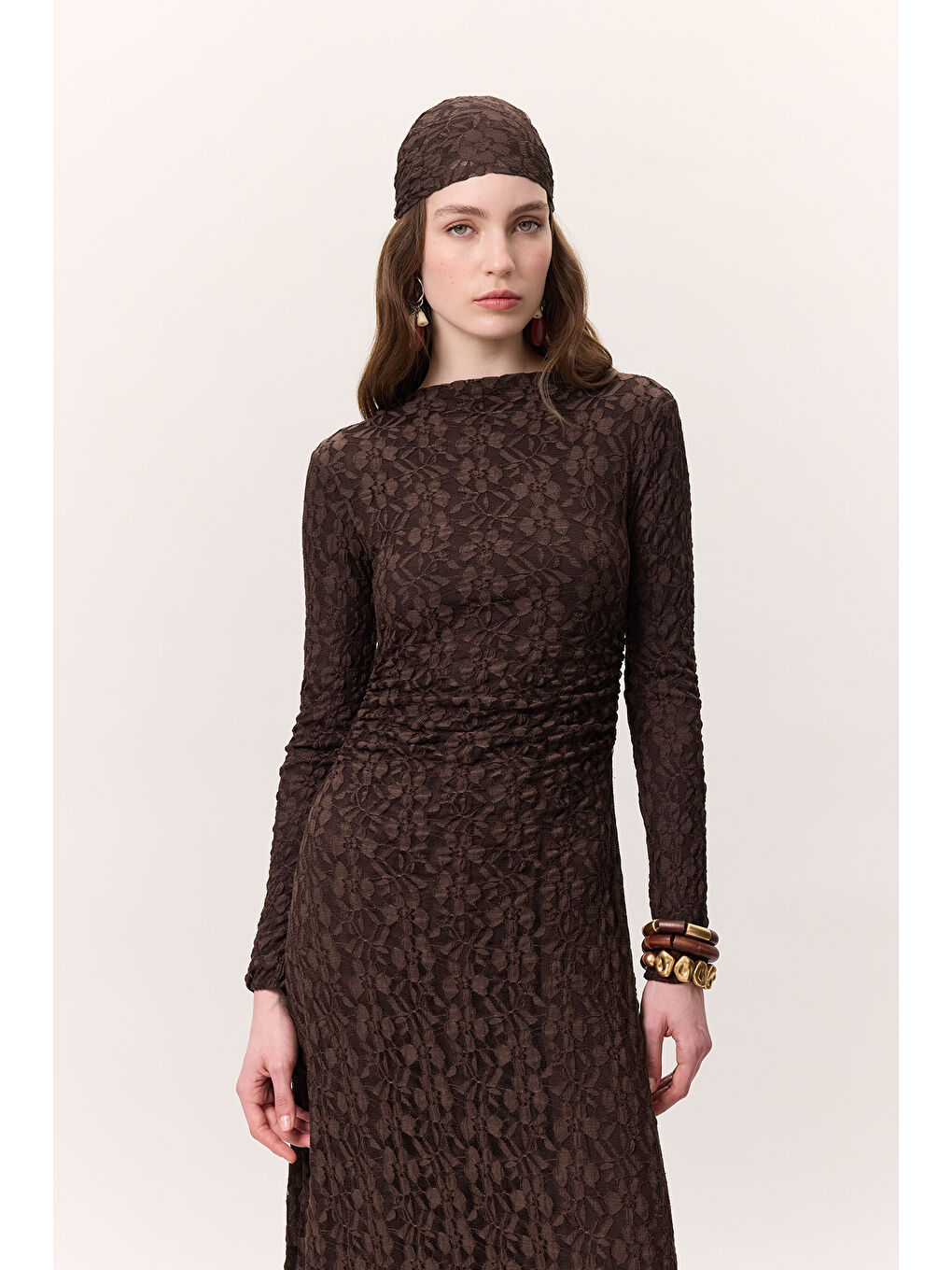 Dantelli Uzun Elbise Kahverengi-3