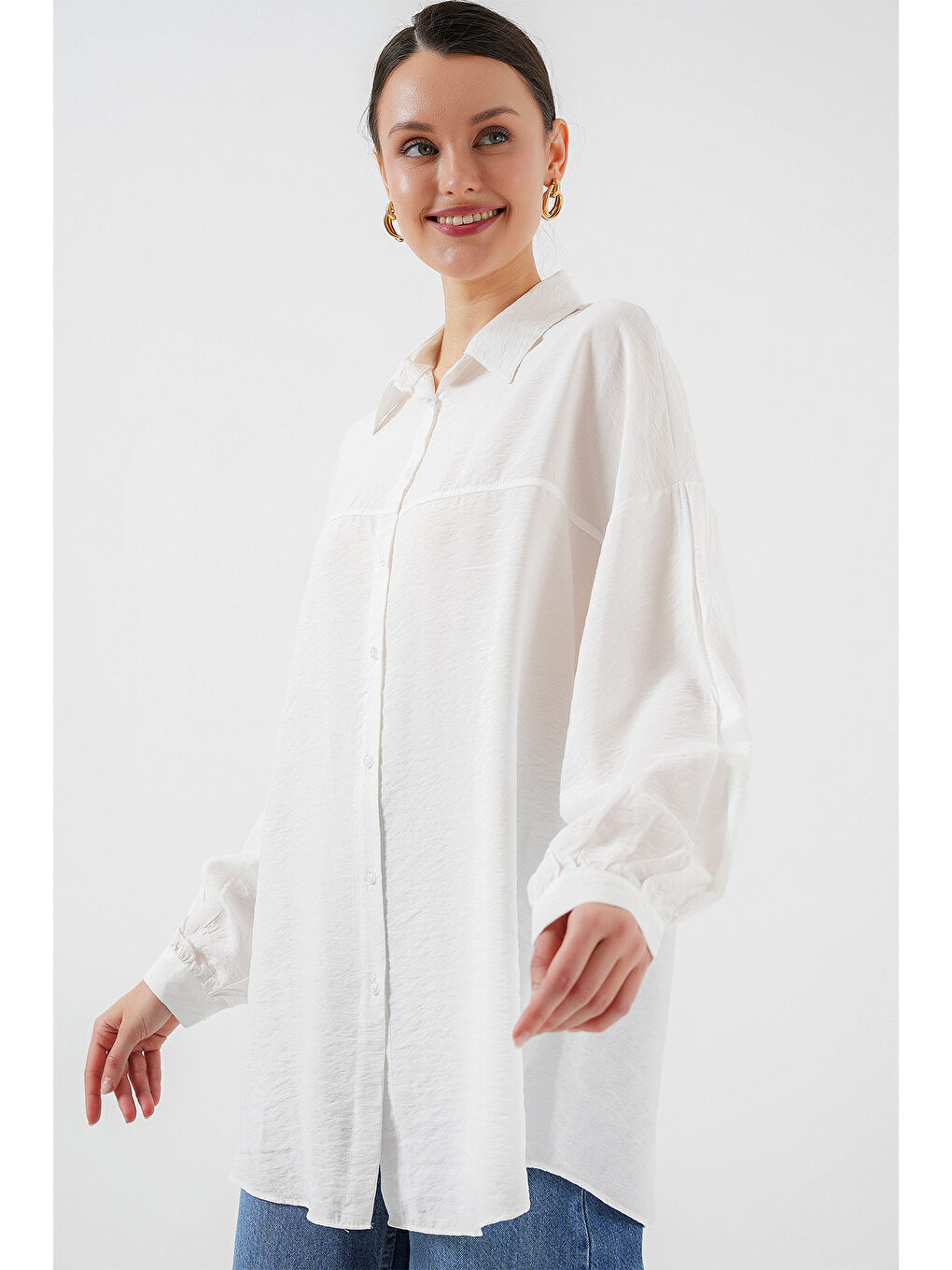 Kadın Uzun Oversize Gömlek 5965 - Beyaz-2