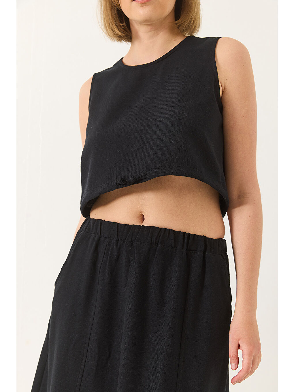 Siyah Kadın Keten Beli Bağlamalı Bluz Cep Detaylı Etek Alt-Üst Takım-4