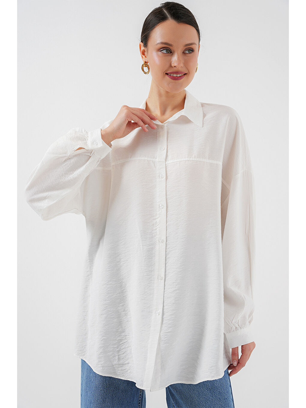 Kadın Uzun Oversize Gömlek 5965 - Beyaz-3