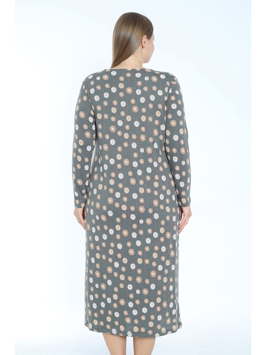 Antrasit Desenli V Yaka Büyük Beden Cepli Pamuklu Uzun Kollu Elbise-4