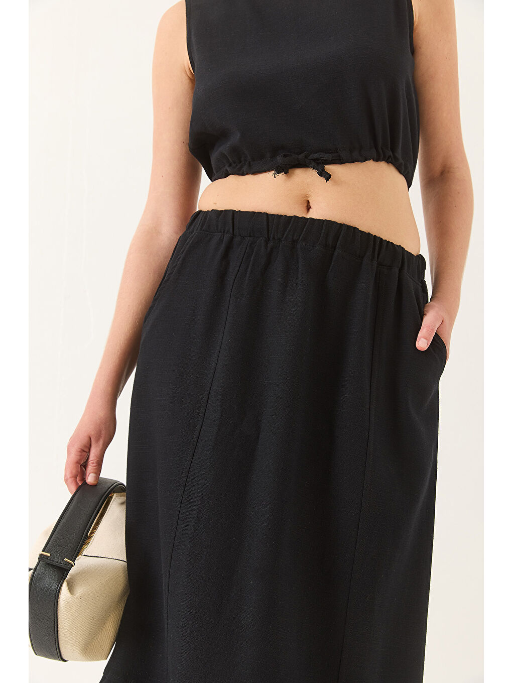 Siyah Kadın Keten Beli Bağlamalı Bluz Cep Detaylı Etek Alt-Üst Takım-5