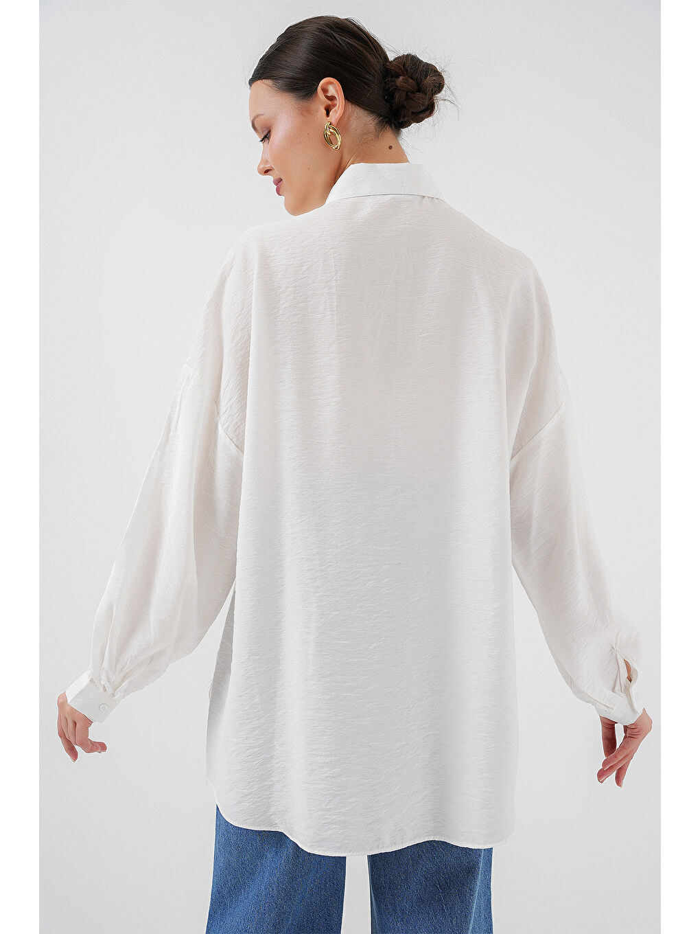 Kadın Uzun Oversize Gömlek 5965 - Beyaz-5