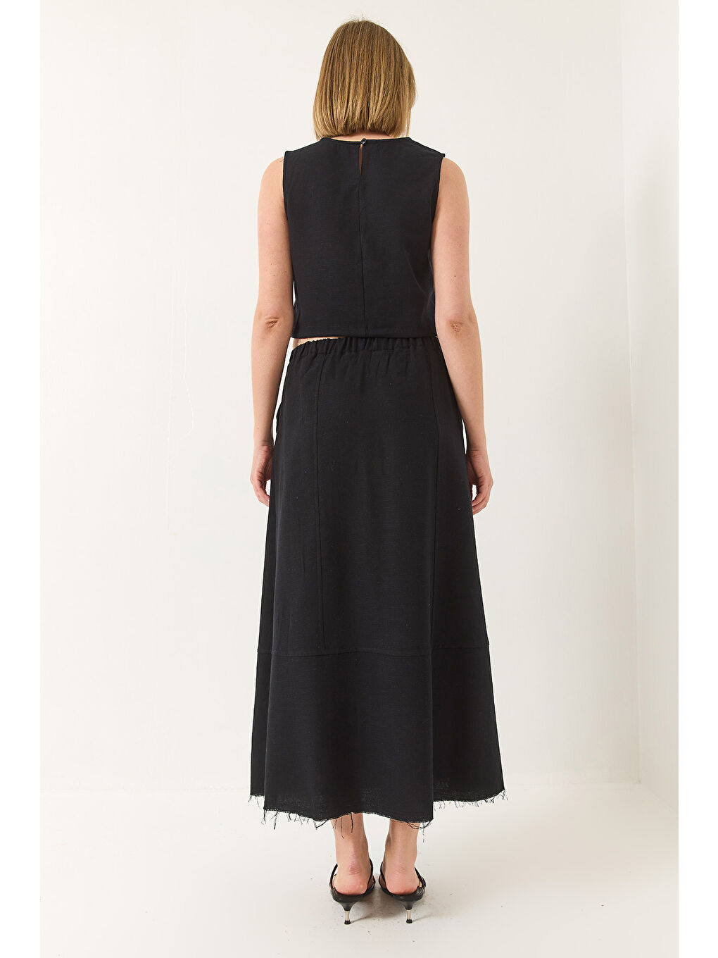 Siyah Kadın Keten Beli Bağlamalı Bluz Cep Detaylı Etek Alt-Üst Takım-6