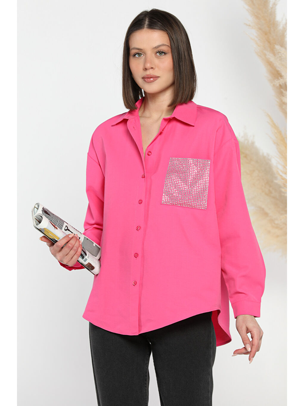 Fuşya Taş İşlemeli Oversize Kadın Gömlek