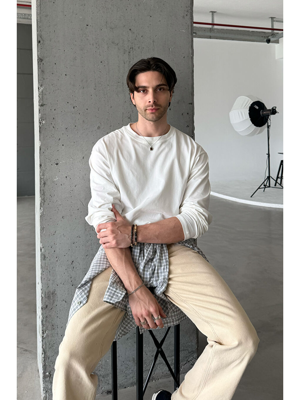 Beyaz Erkek Oversize Uzun Kollu Basic Tişört-5