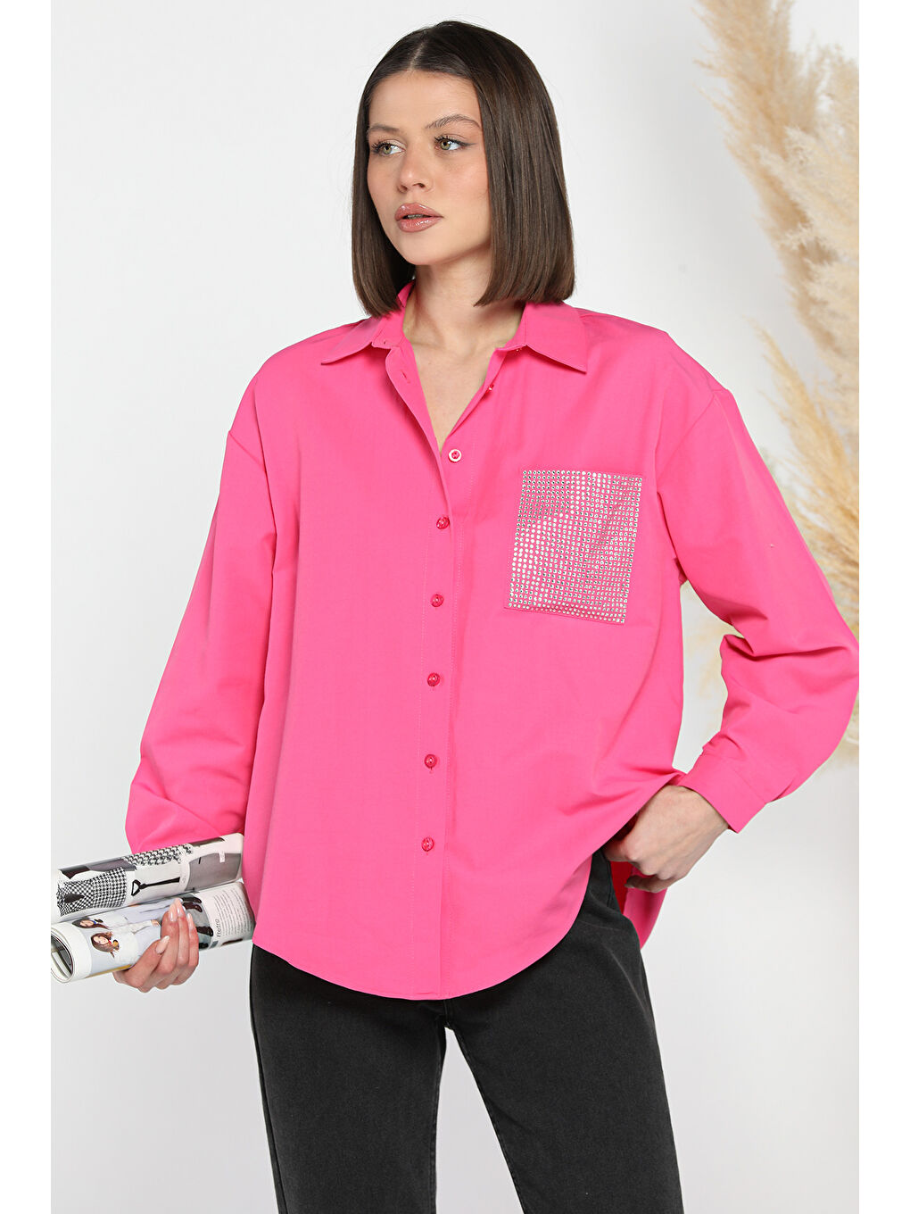 Fuşya Taş İşlemeli Oversize Kadın Gömlek-1