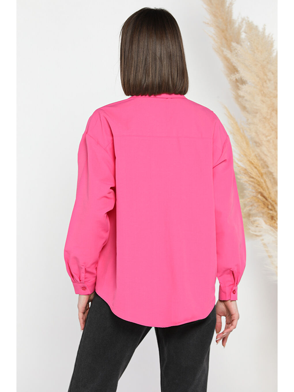 Fuşya Taş İşlemeli Oversize Kadın Gömlek-2