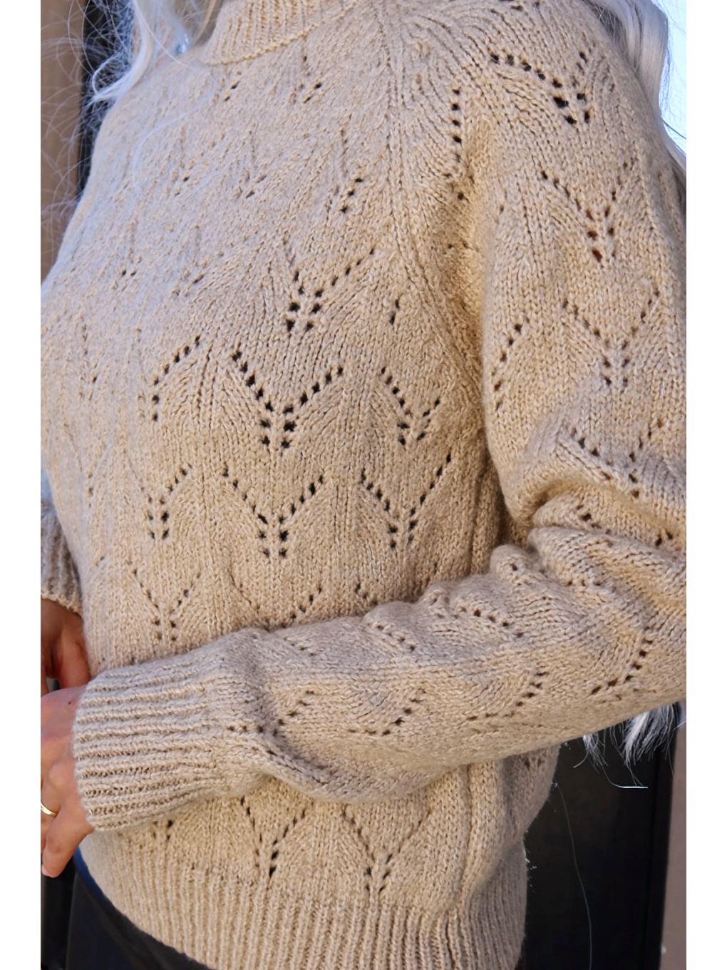 Ekru Yarım Balıkçı Yaka Desenli Triko Kazak E-133-3