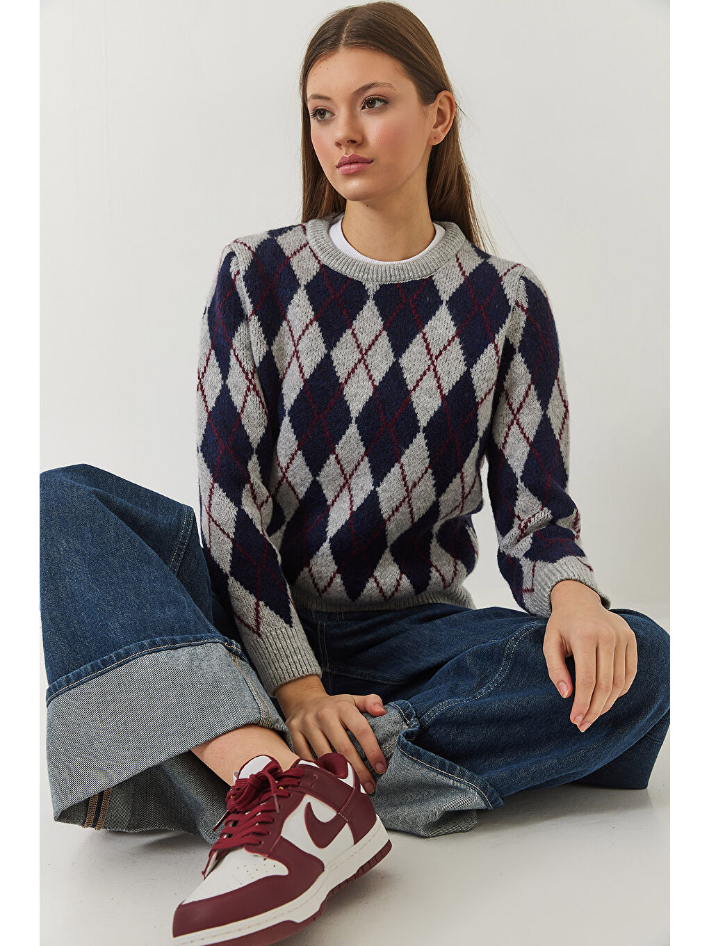 Gri Kadın Bisiklet Yaka Baklava Desenli Kazak-1