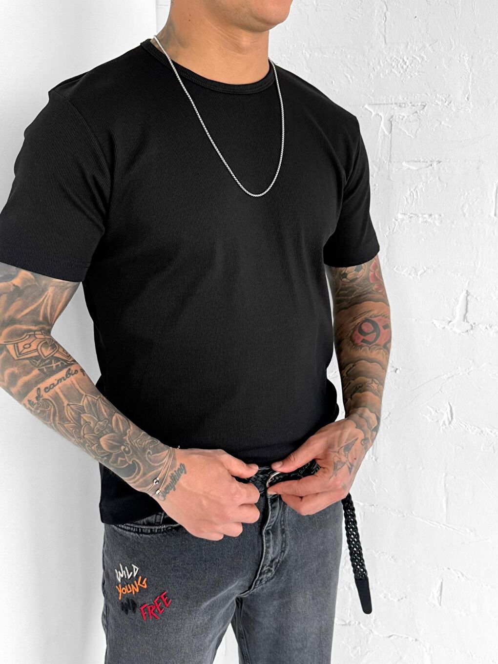 Erkek Slim Fit Fitilli Basic Esnek T-Shirt Siyah