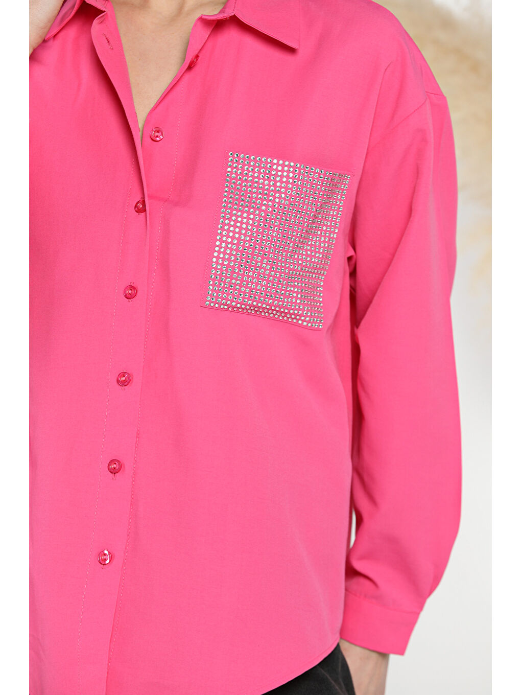 Fuşya Taş İşlemeli Oversize Kadın Gömlek-3