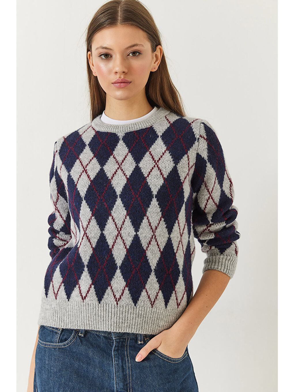 Gri Kadın Bisiklet Yaka Baklava Desenli Kazak-2